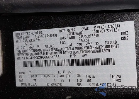 2016 Ford Escape Se from USA, damaged, VIN 1FMCU9GX9GUA81958